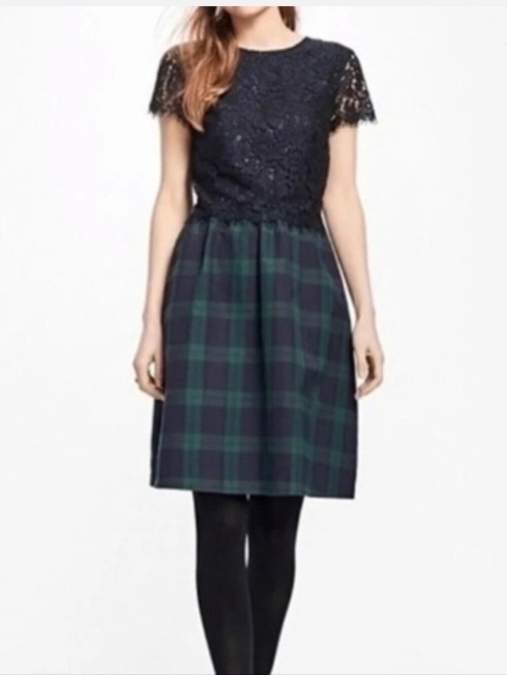 Brooks Brothers Navy Lace Top with Navy-Green Tartan Plaid Midi Skirt 10